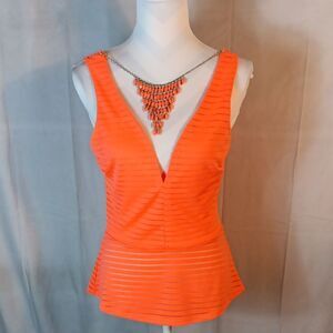Orange Sleeveless Beaded Necklace V-Neck Top